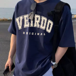 Oversized Men Printed, Typography Round Neck Pure Cotton Navy Blue T-Shirt