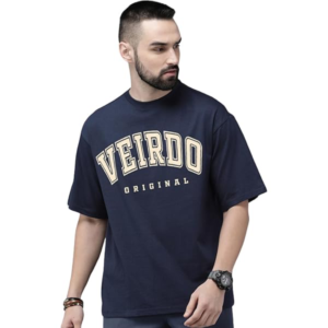 Oversized Men Printed, Typography Round Neck Pure Cotton Navy Blue T-Shirt