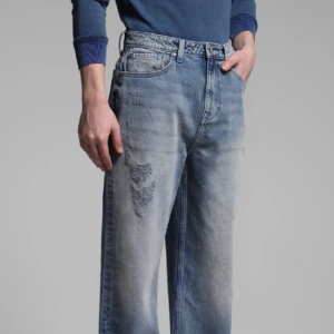 Wide Leg High-Rise Highly Distressed Heavy Fade Jeans