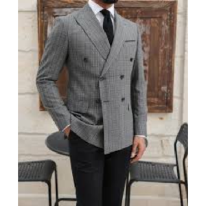 Mens Savyy Grey Polyester Viscose Fabric Peak Lapel Button Closure Double Breasted Houndstooth Check Suits