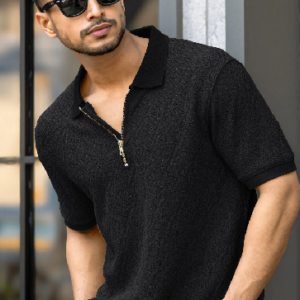 Men Self Design Polo Collar Cotton Oversized T-shirt