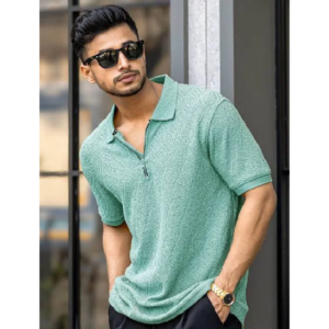 Men Self Design Polo Collar Cotton Oversized T-shirt