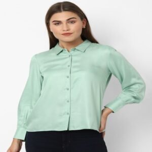 Women Regular Fit Solid Cut Away Collar Casual Shirt