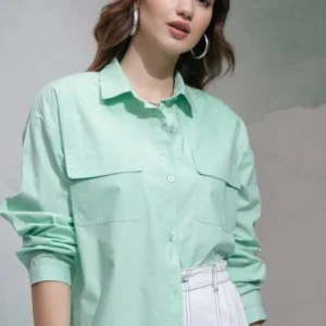 Women Regular Fit Solid Cut Away Collar Casual Shirt