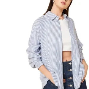 Women Oversized Fit Striped Spread Collar Casual Shirt