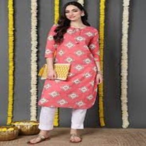 Women Cotton Simple Function Wear Pink Kurti